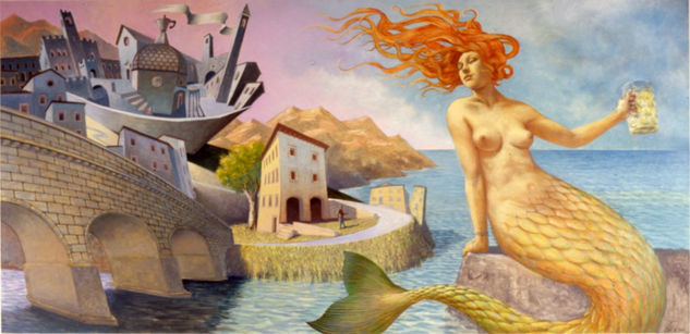 Sirena con boccale di birra Oil Canvas Landscaping