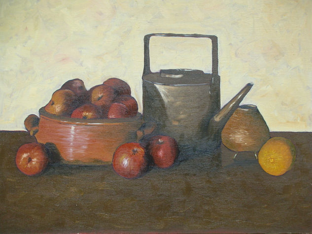 MANZANAS Y CACHARROS Óleo Tabla Bodegones