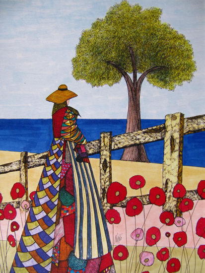 Campesina mirando al mar junto con amapolas Tinta Papel Otros