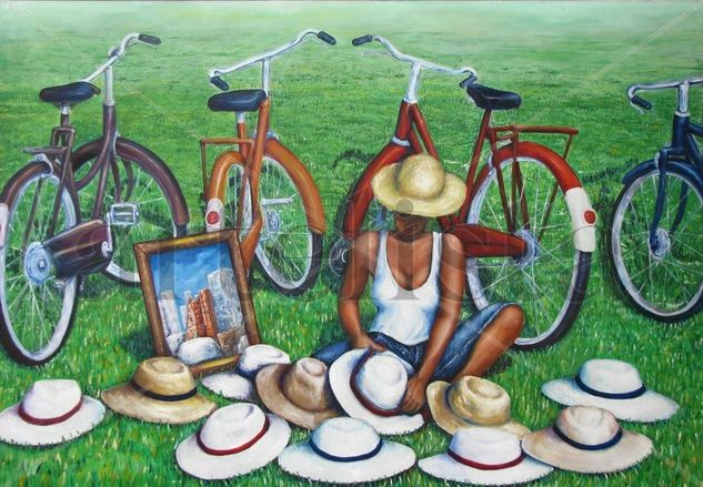 BICICLETAS Y SOMBREROS Óleo Lienzo Paisaje