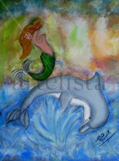 La sirena y el delfin Oil Canvas Figure Painting