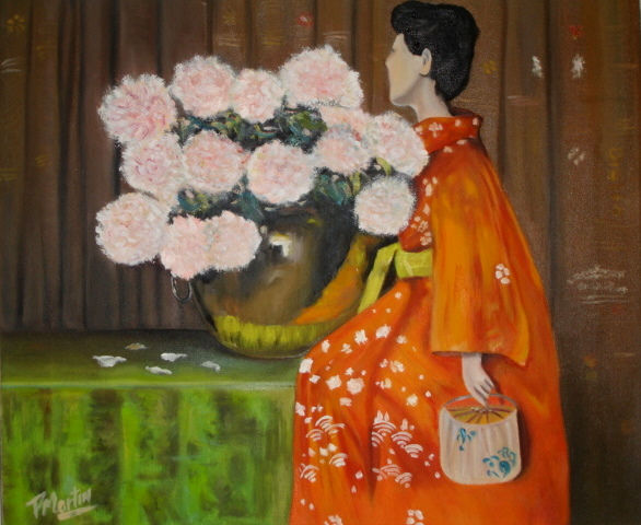 japonesa con flores Oil Canvas Floral Painting