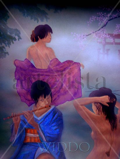 TRES GEISHAS  (REPRODUCCION LIENZO/BASTIDOR) Ink Canvas Figure Painting