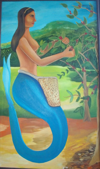 Sirena cortando cafe Oil Canvas Landscaping