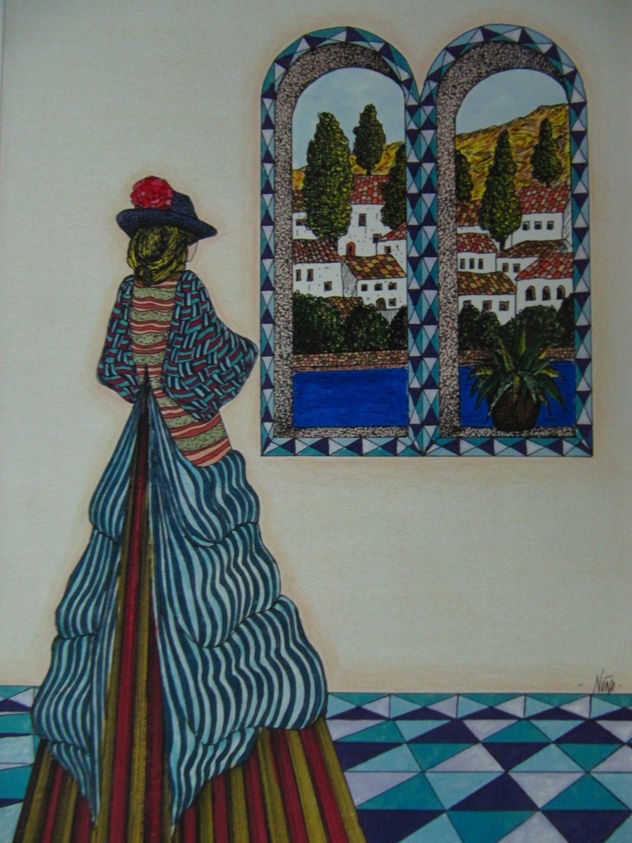 Mujer mirando a través de ventana