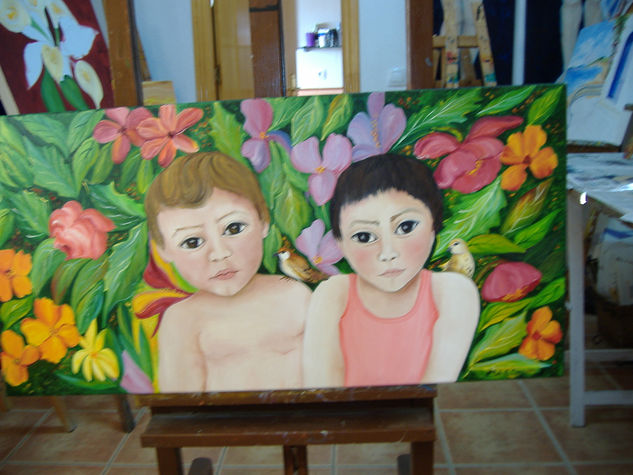 niños entre flores Óleo Lienzo Figura