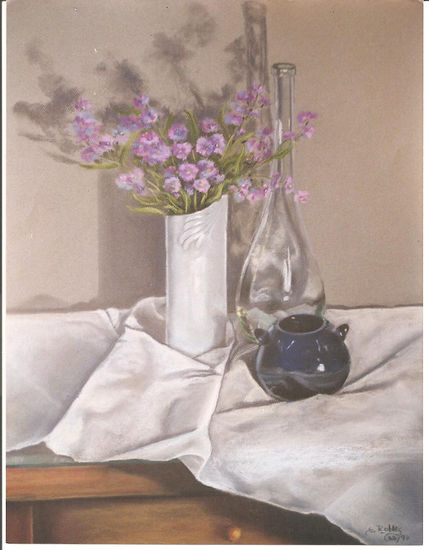 Botella de cristal con florero blanco Pastel Paper Still Life Paintings