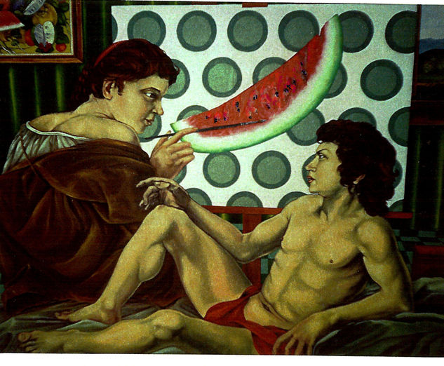 Diálogo con sandia Oil Canvas Figure Painting