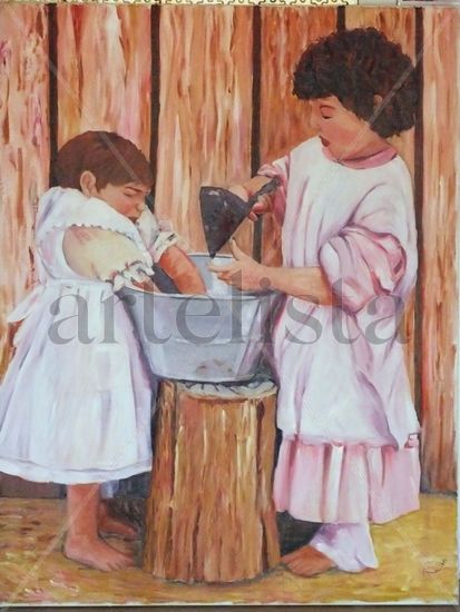 Niñas jugando Oil Canvas Figure Painting