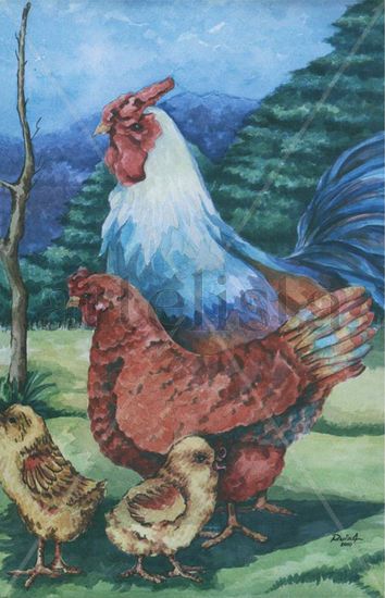 Familia gallo Acuarela Papel Paisaje