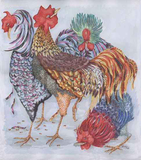 Gallos raza japonesa Acuarela Papel Figura