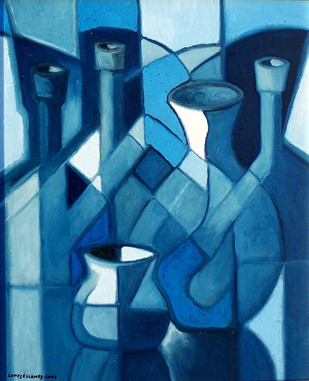 JARRONES Y BOTELLAS., AZUL. Oil Canvas Still Life Paintings