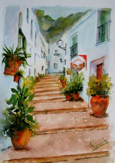 FRIGILIANA  pueblo de  MALAGA .. Acuarela Papel Paisaje