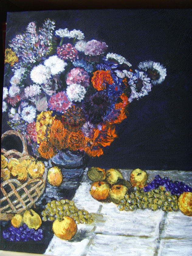 Bodegón flores y frutas