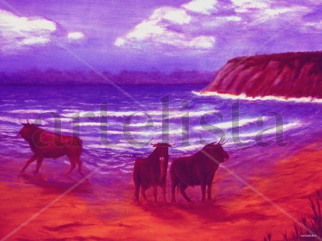 TOROS Y PLAYA (REPRODUCCIÓN SOBRE LIENZO)