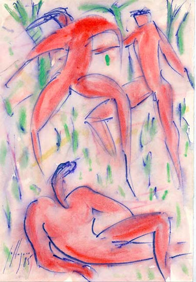 Bañistas en el río Watercolour Card Figure Painting