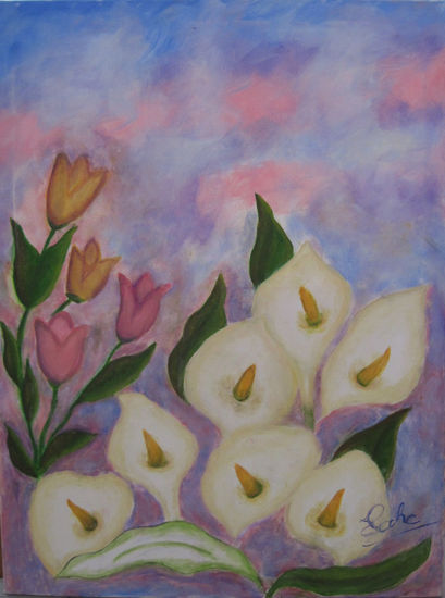 Calas y Tulipanes Oil Canvas Floral Painting