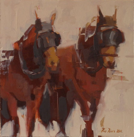 Caballos marrones. Oil Panel Animals