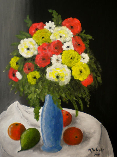 Jarrón florido con fruta. Acrylic Canvas Floral Painting