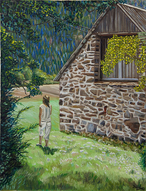 Paisaje pirenáico con figura y casa