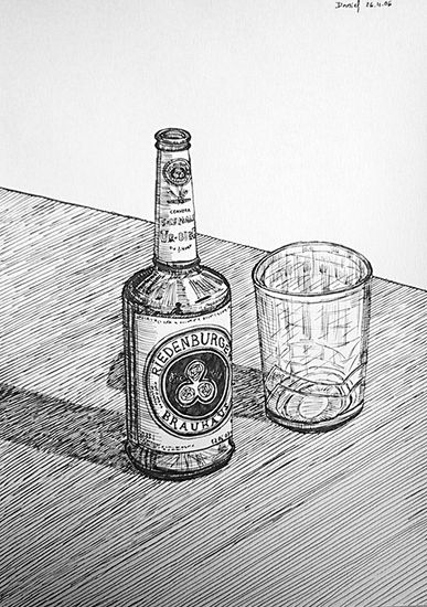 Bodegón con botella de cerveza y vaso Ink Paper Still Life Paintings