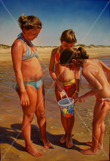 niñas en la playa Oil Canvas Landscaping