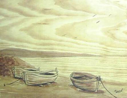 PLAYA CON BARCAS Tinta Tabla Marina