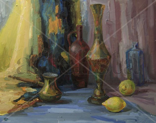 Un bodegon con un jarrón de cobre Oil Card Still Life Paintings