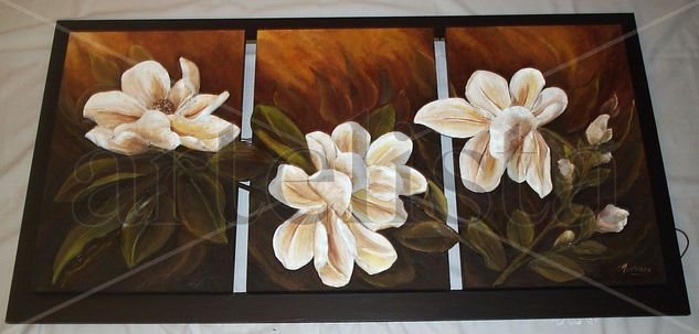 Tríptico de Magnolias Oil Others Floral Painting