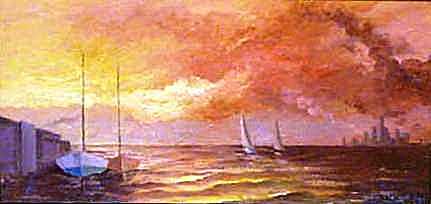 atardecer en el puerto Oil Canvas Marine Painting