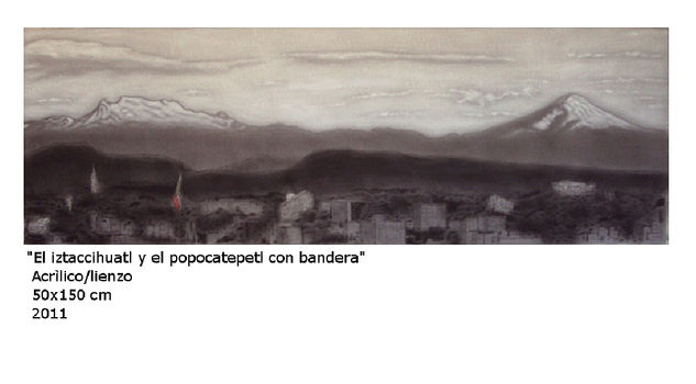 El iztaccihuatl y el popocatepetl con bandera Mixed media Canvas Landscaping