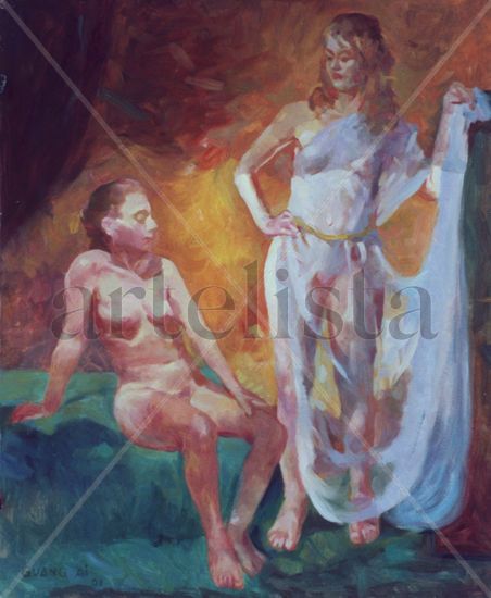 Two Models in Studio Oil Canvas Nude Paintings