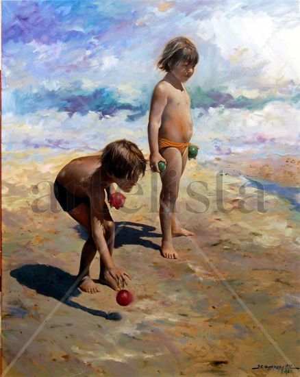 JUGANDO A LA PETANCA Oil Canvas Figure Painting