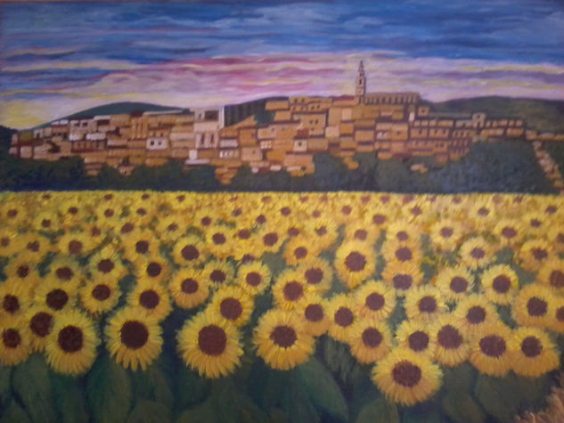 Bocairent con girasoles Óleo Lienzo Paisaje