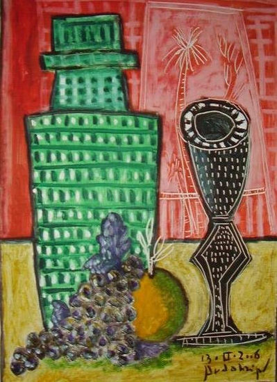 botella verde rayada Oil Paper Still Life Paintings