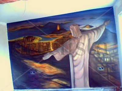 Mural al oleo en frontal de habitacion, Rio de noche 