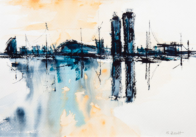 Barcelona skyline Watercolour Paper Marine Painting