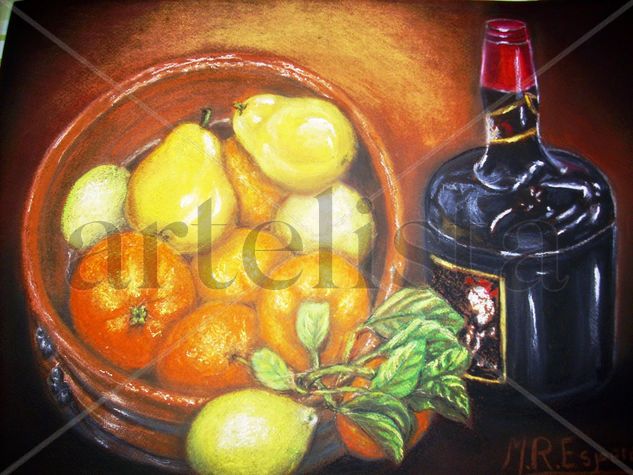 Frutas y botellón de vino Pastel Paper Still Life Paintings