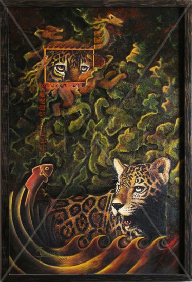 DIOS JAGUAR (150 x 100 cm) Óleo Tabla Animales