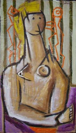 mujer con fondo rayado