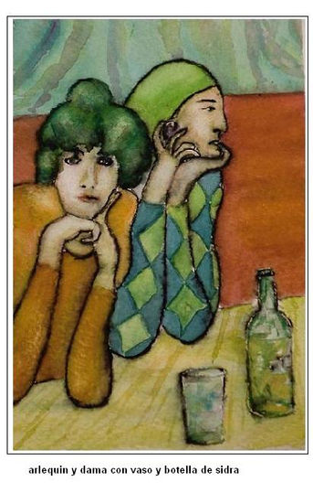 arlequin y dama con vaso y botella de sidra Watercolour Paper Figure Painting