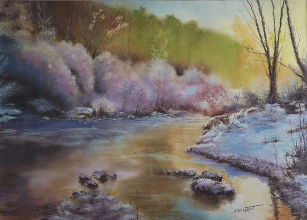 PAISAJE CON RIO Y NIEVE Pastel Papel Paisaje