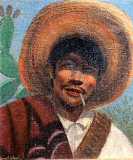 "Indio con cigarro" Óleo Lienzo Retrato