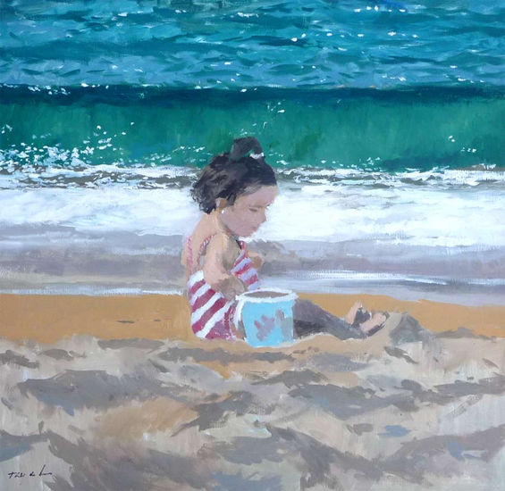 NIÑA JUGANDO CON UN CUBO Oil Canvas Figure Painting