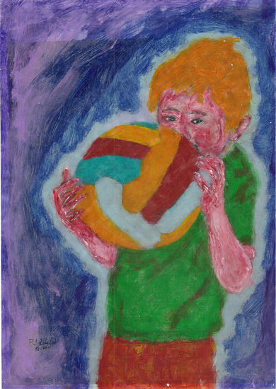 Joven inflando un balon de colores Acrylic Paper Figure Painting