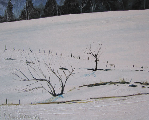 Across a Snowy Field, Quebec, Canada Oil Canvas Landscaping