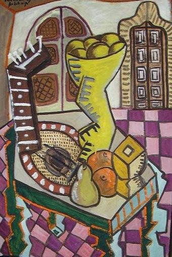 interior con guitarra y limones