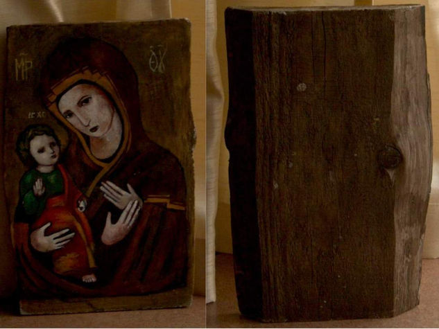 Russian icon of the Holy Virgin with 3 hands painted on old wood Óleo Tabla Otros