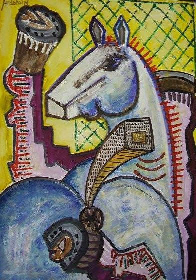 caballo azul con fondo amarillo