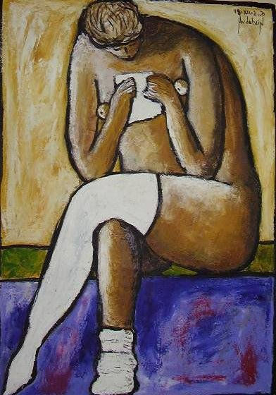 desnudo leyendo con medias blancas